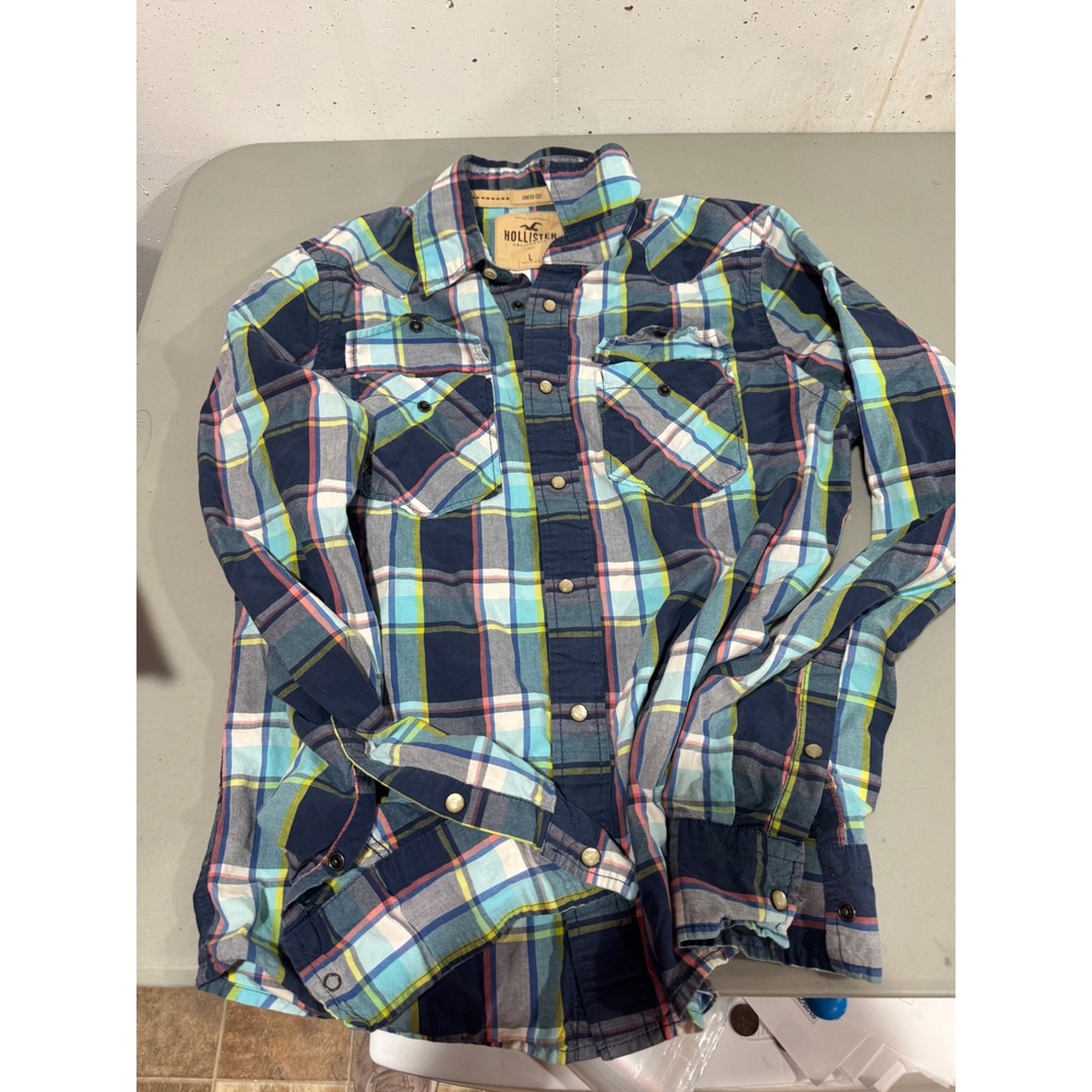Hollister Surfer Cut Pearl Snap Shirt Mens Large Blue Green Plaid Western Yoke